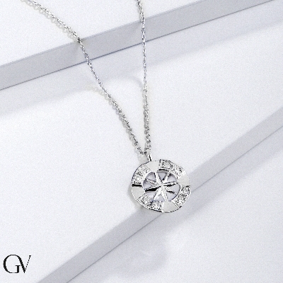 Necklace in white gold 18k with wind rose charm with diamonds