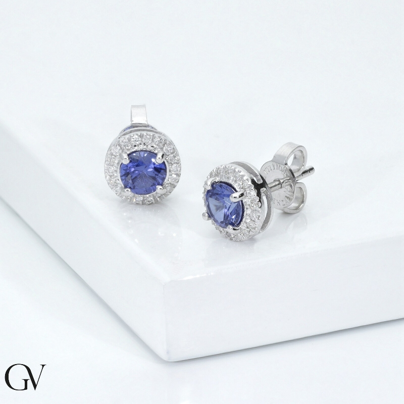 18k white gold halo earrings with blue sapphires and diamonds 18k white gold halo earrings with blue sapphires and diamonds