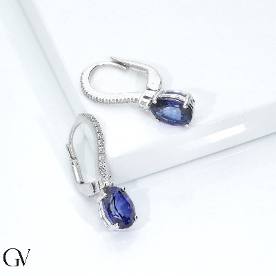 18k white gold drop earrings with diamonds and blue sapphires 