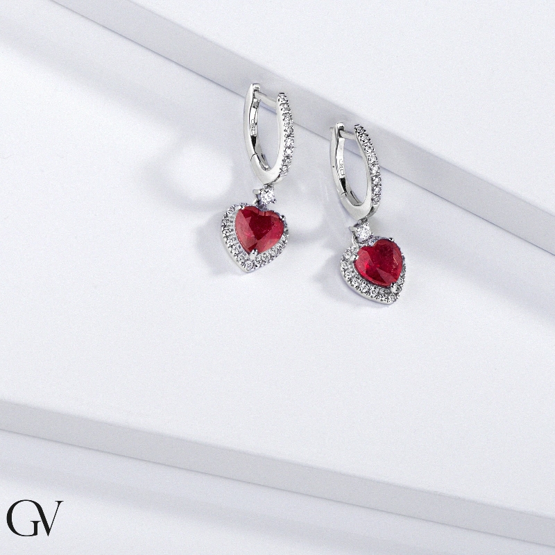 18k white gold earrings with diamonds and rubies heart cut 18k white gold earrings with diamonds and rubies heart cut