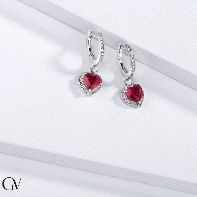 18k white gold earrings with diamonds and rubies heart cut